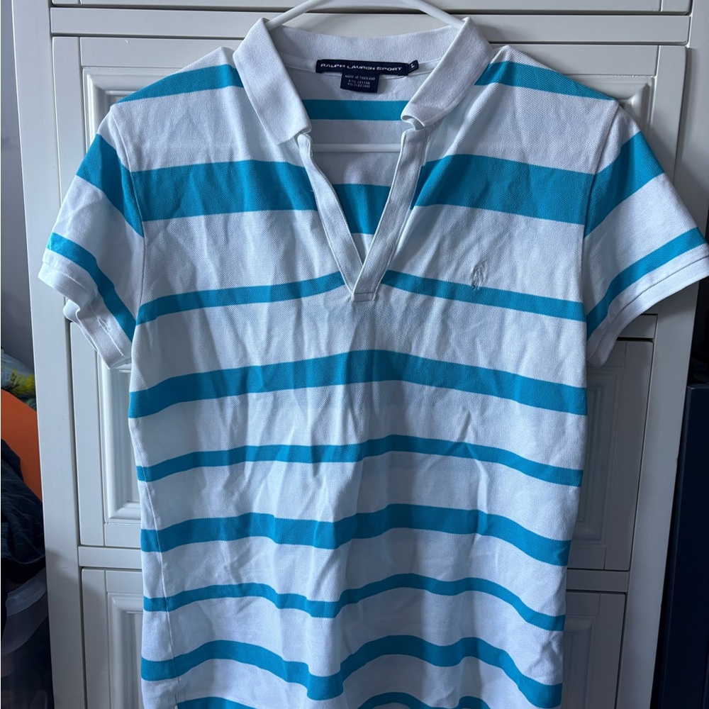 Ralph Lauren Sport Turquoise and White Striped Polo Size L GUC